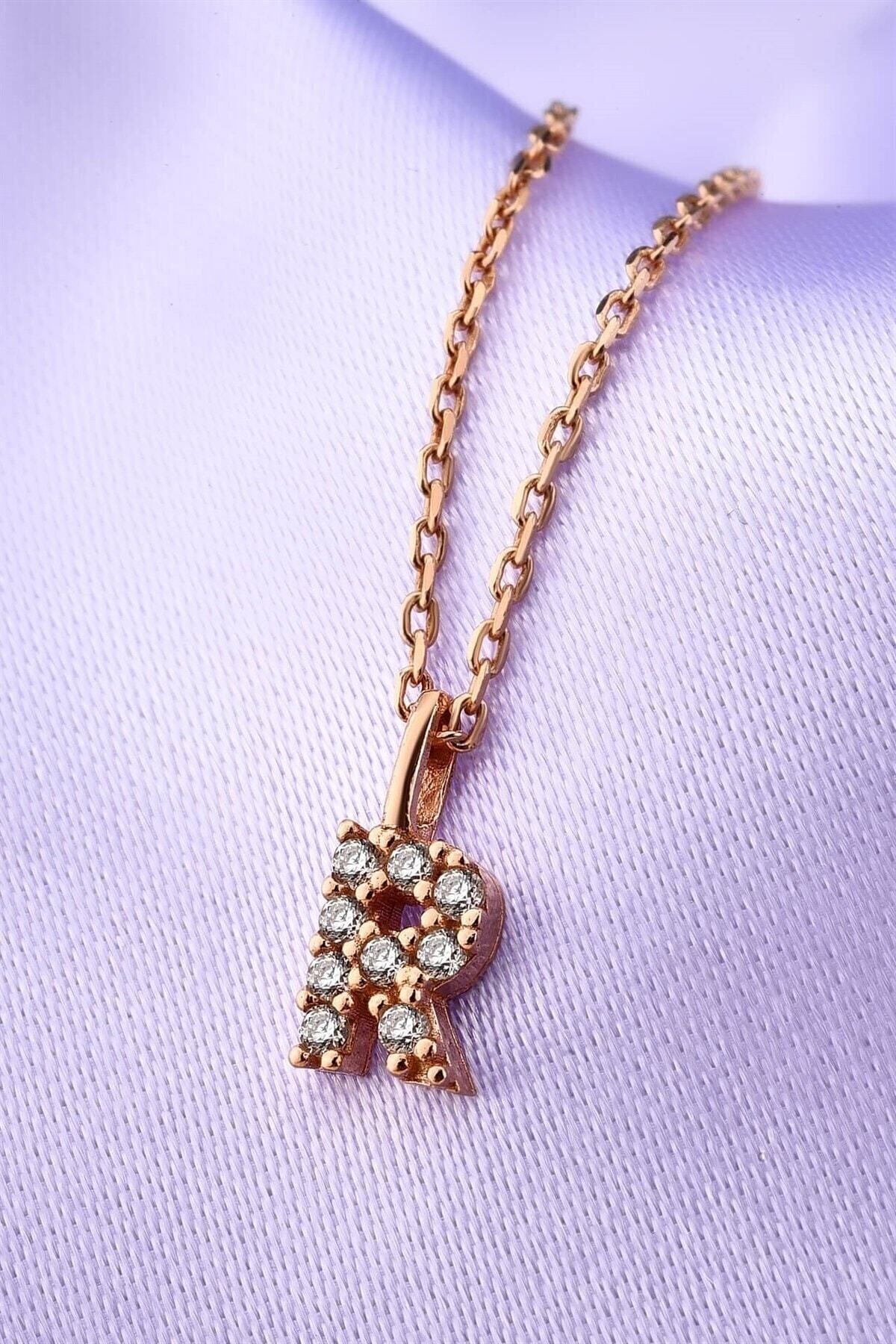 Gümüş 925 Ayar Zirkon Taşlı Rose Harf Kolye R