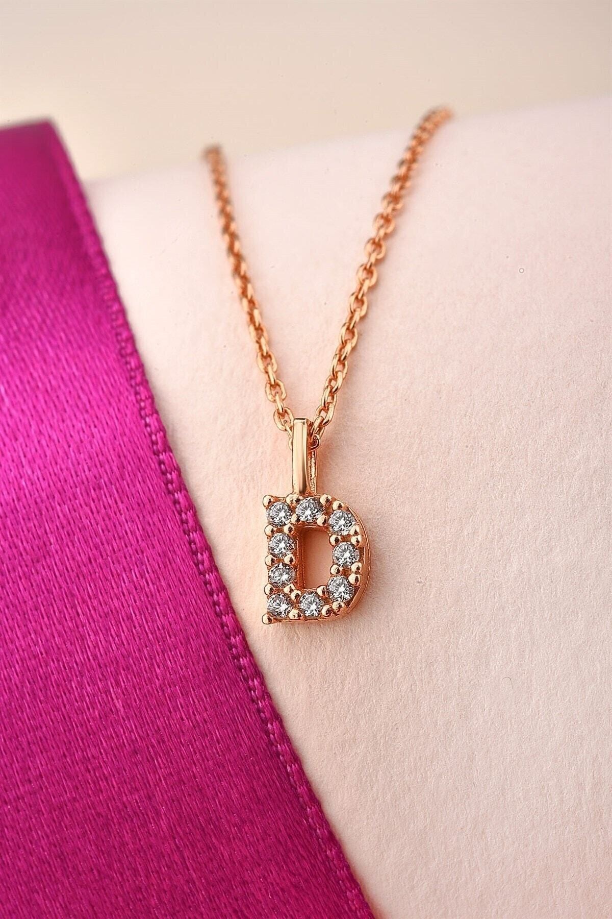 Gümüş 925 Ayar Zirkon Taşlı Rose Harf Kolye D
