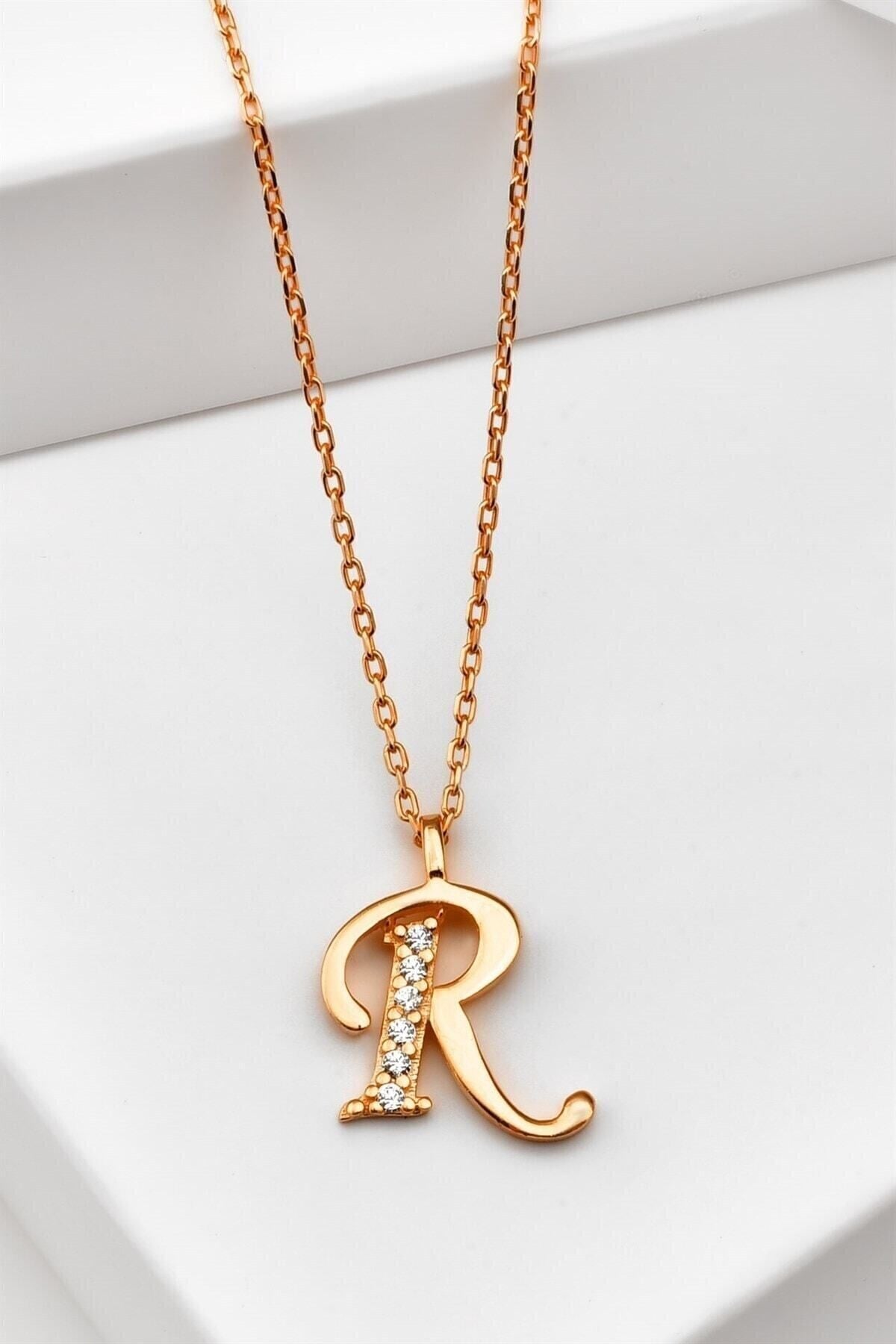 Gümüş 925 Ayar Zirkon Taşlı Rose Harf Kolye R