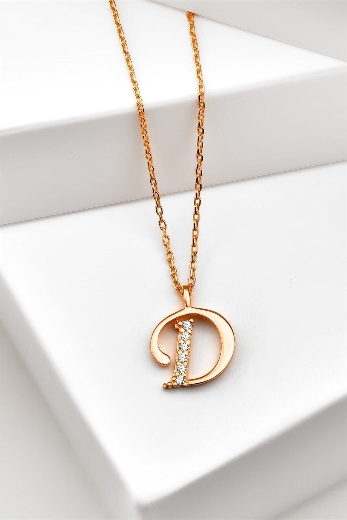 Gümüş 925 Ayar Zirkon Taşlı Rose Harf Kolye D