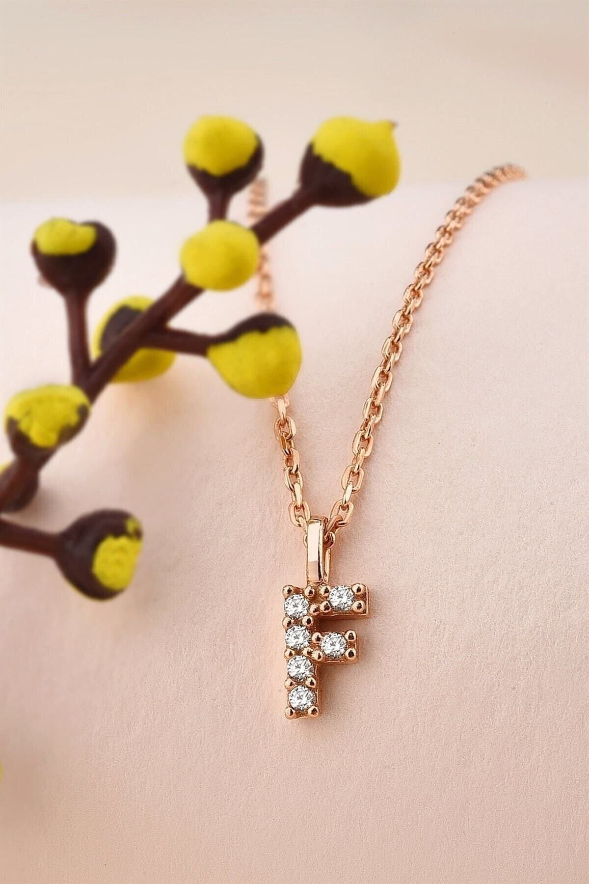 Gümüş 925 Ayar Zirkon Taşlı Rose Harf Kolye F
