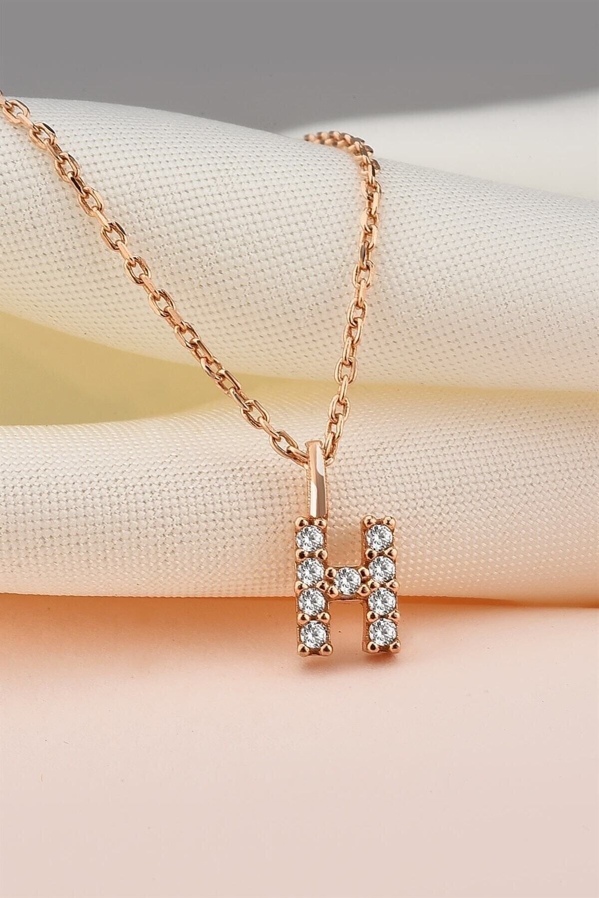 Gümüş 925 Ayar Zirkon Taşlı Rose Minimal Harf Kolye H