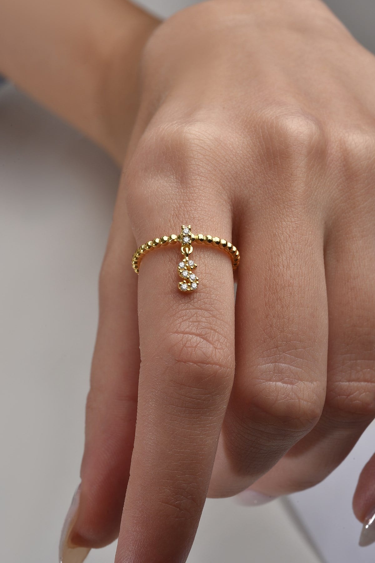 Gümüş 925 Ayar Zirkon Taşlı S Harf Ayarlanabilir Gold Yüzük