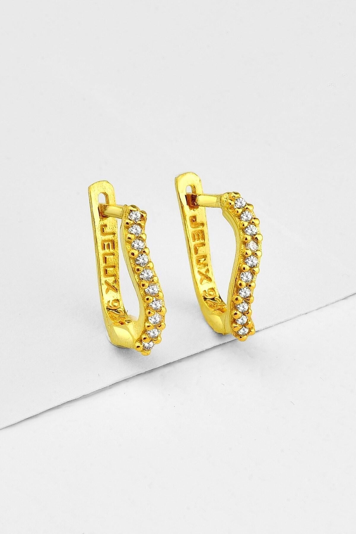 Gümüş 925 Ayar Zirkon Taşlı S Model Gold Renkli Küpe