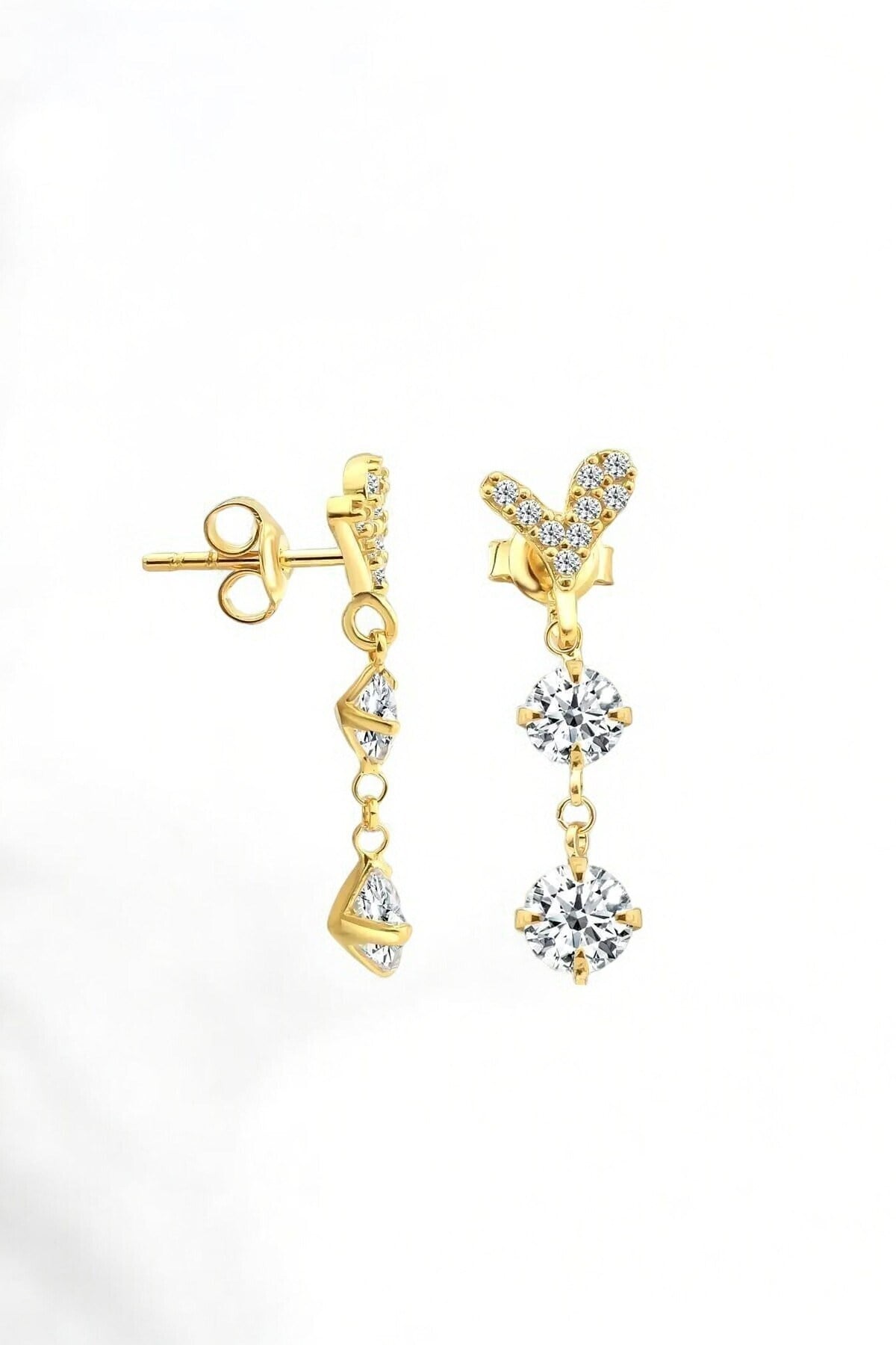 Gümüş 925 Ayar Zirkon Taşlı Sallantılı Gold Küpe