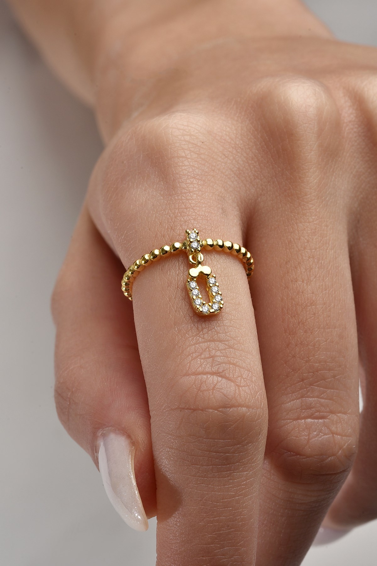 Gümüş 925 Ayar Zirkon Taşlı Ü Harf Ayarlanabilir Gold Yüzük