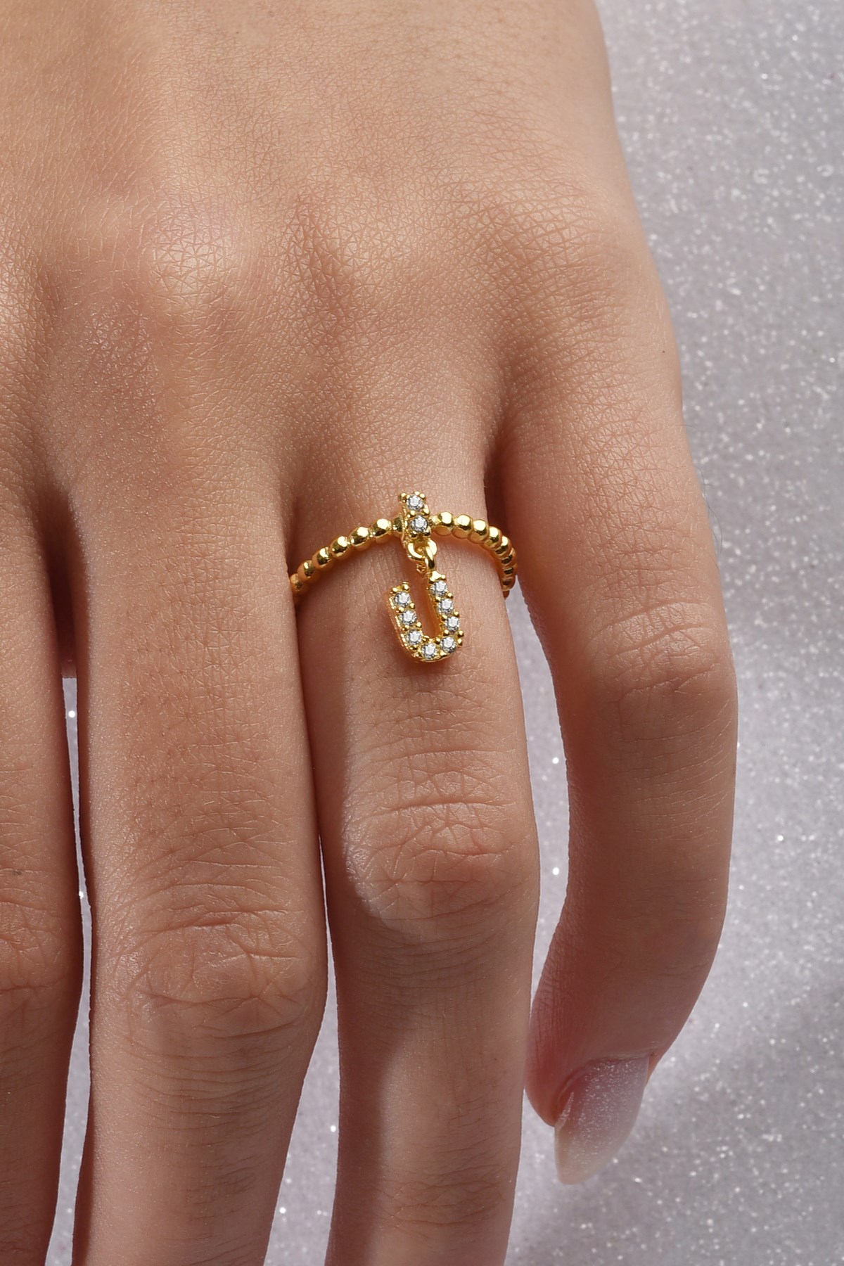 Gümüş 925 Ayar Zirkon Taşlı U Harf Ayarlanabilir Gold Yüzük