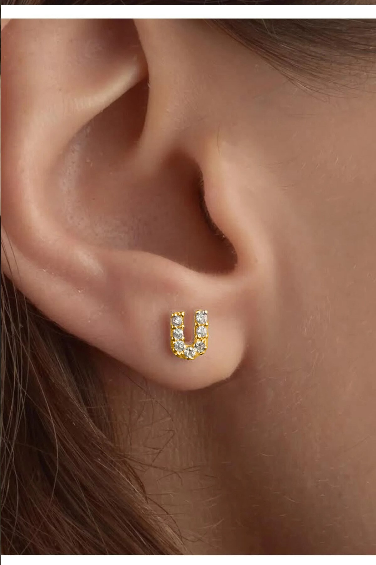 Gümüş 925 Ayar Zirkon Taşlı U Harf Tekli Gold Küpe