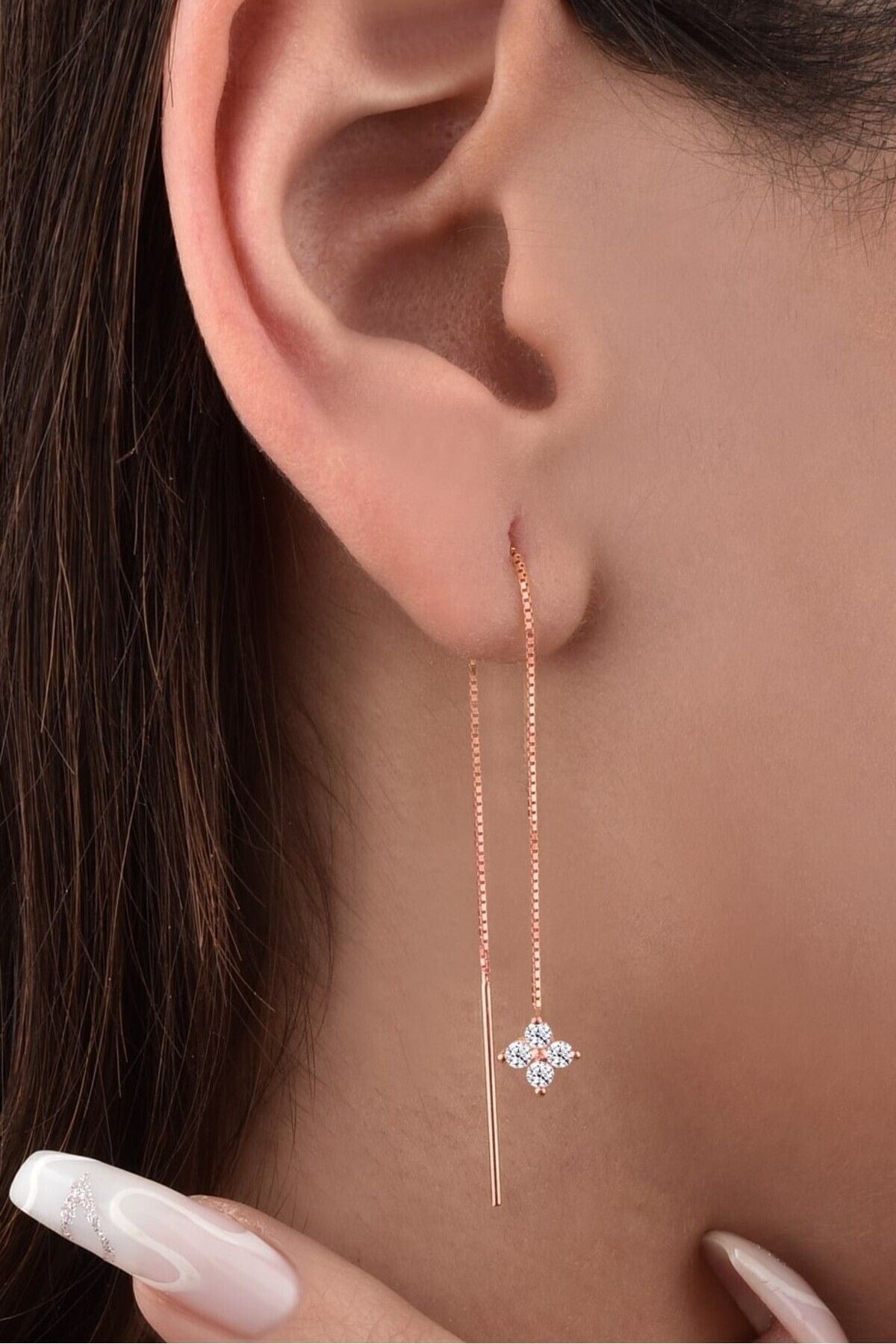 Gümüş 925 Ayar Zirkon Taşlı Yıldız Model Zincirli Rose Küpe