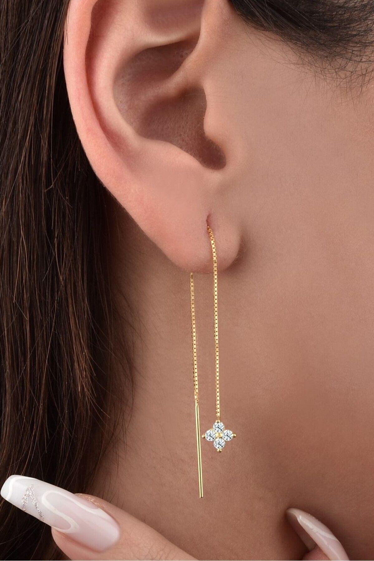 Gümüş 925 Ayar Zirkon Taşlı Yıldız Model Zincirli Gold Küpe