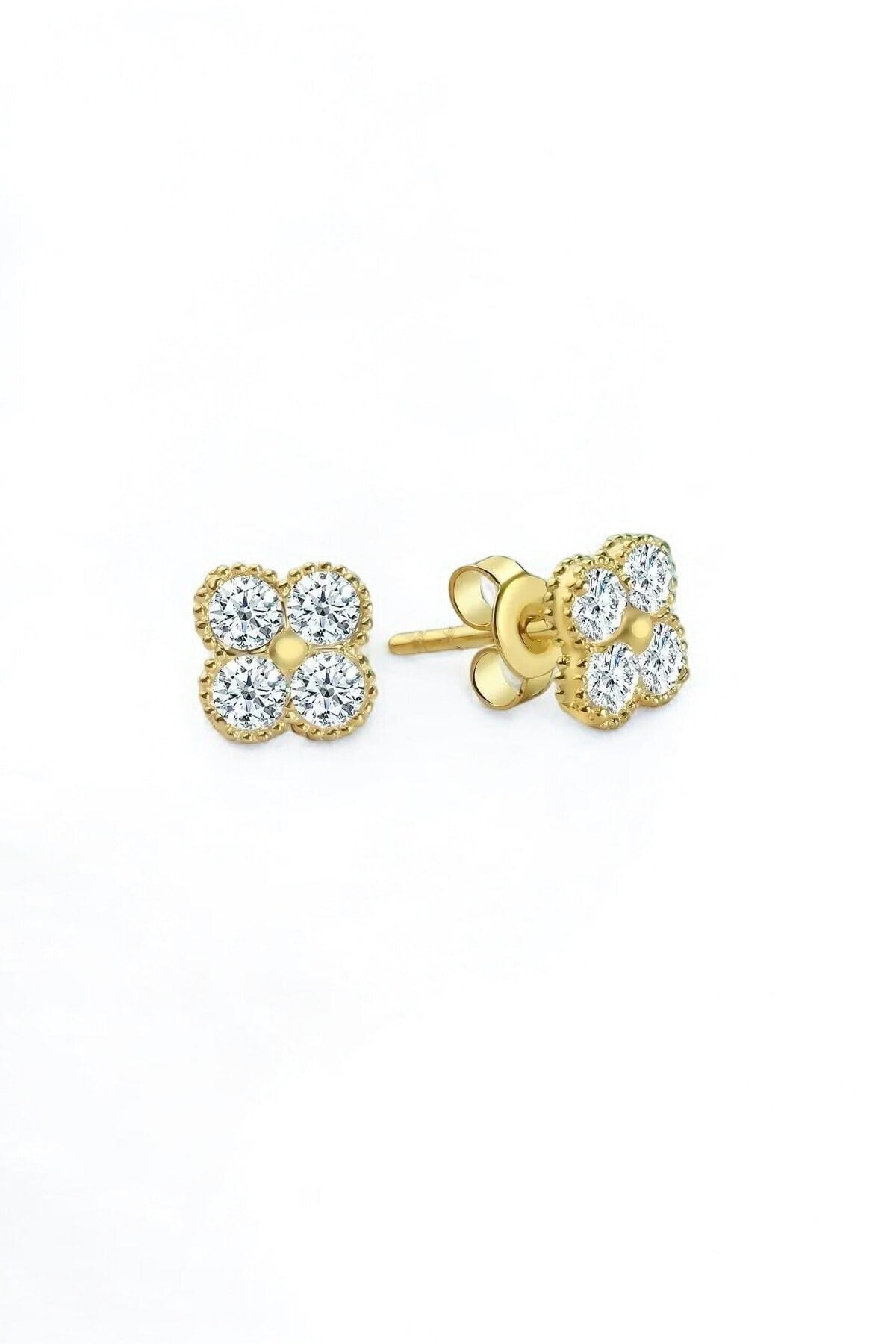 Gümüş 925 Ayar Zirkon Taşlı Yonca Model Çivili Gold Küpe