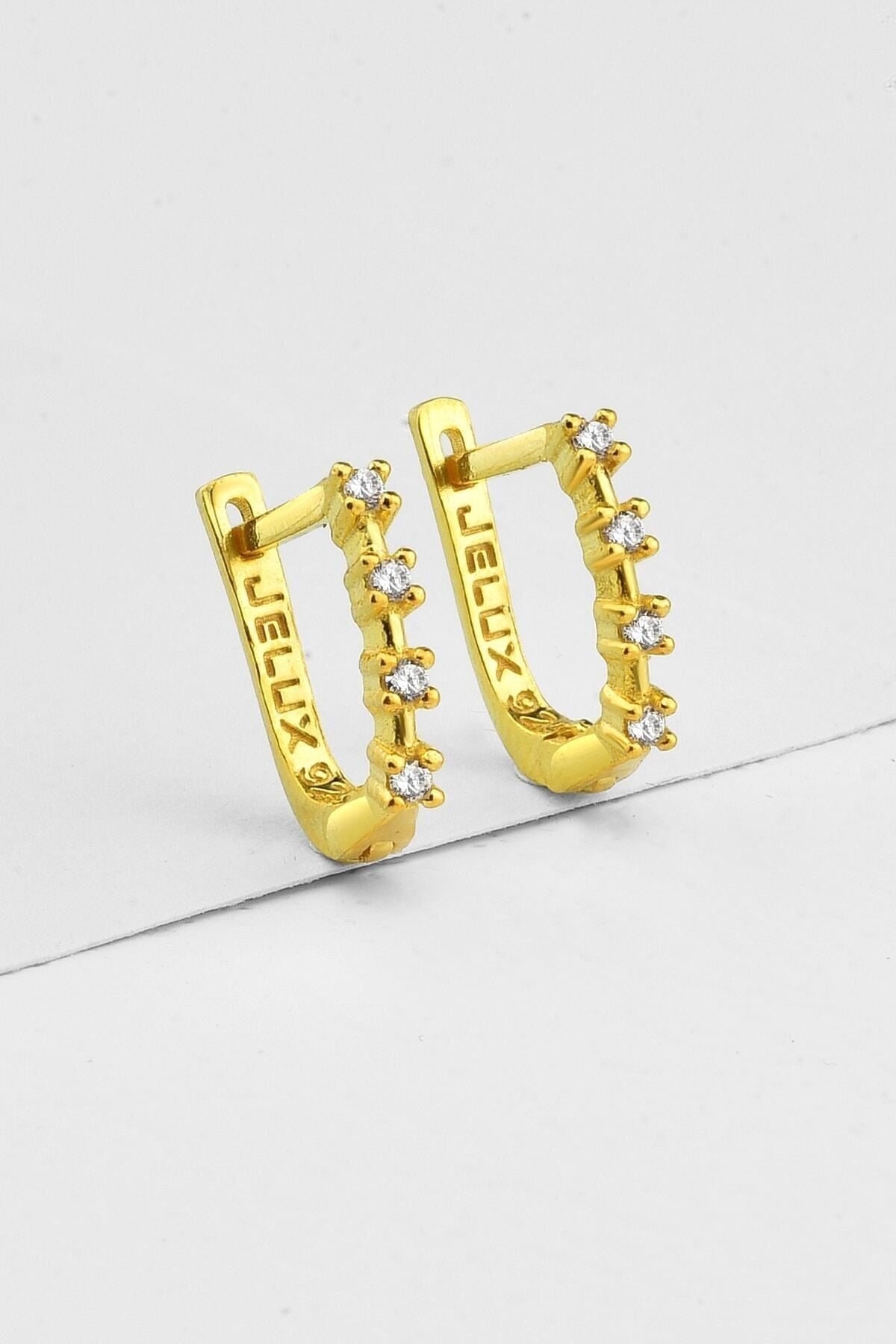 Gümüş 925 Ayargümüş Sıralı Zirkon Taşlı Minimalist Gold Renkli Küpe