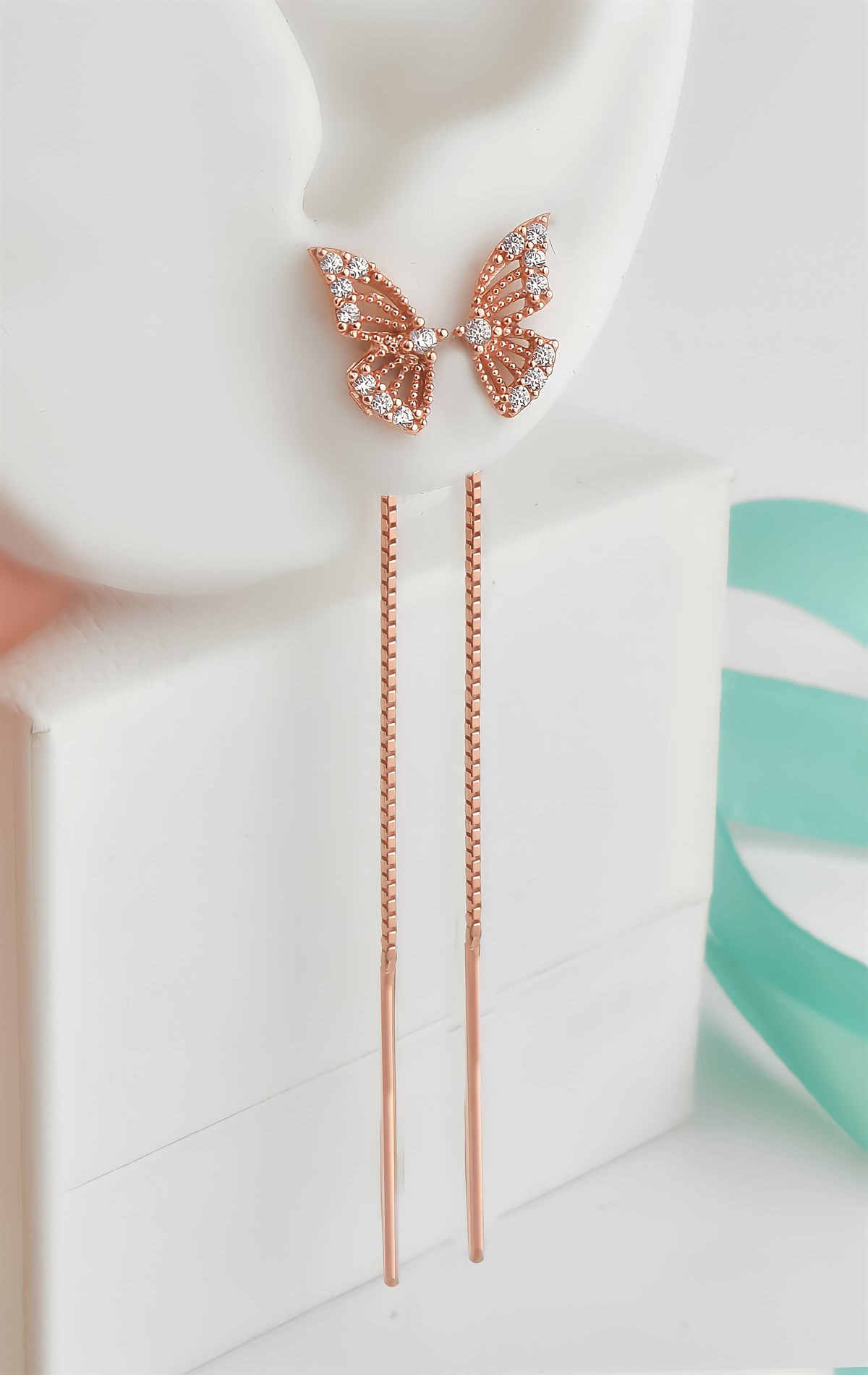 Gümüş Asansör Zincir Kelebek Model Rose Renkli Zirkon Taşlı Küpe 