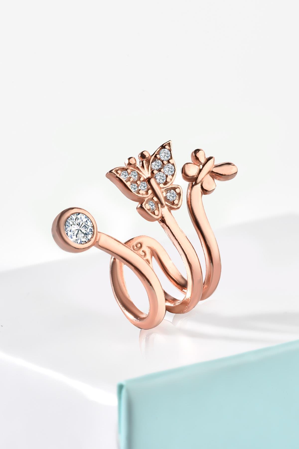 Gümüş Kelebek Model Zirkon Taşlı Rose Kıkırdak Küpe