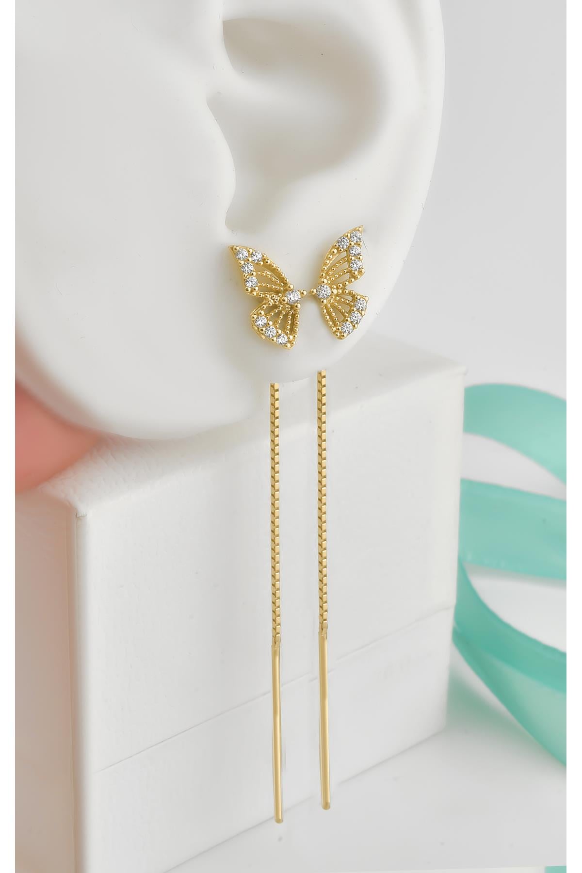 Gümüş Kelebek Model Zirlon Taşlı  Zincirli Küpe