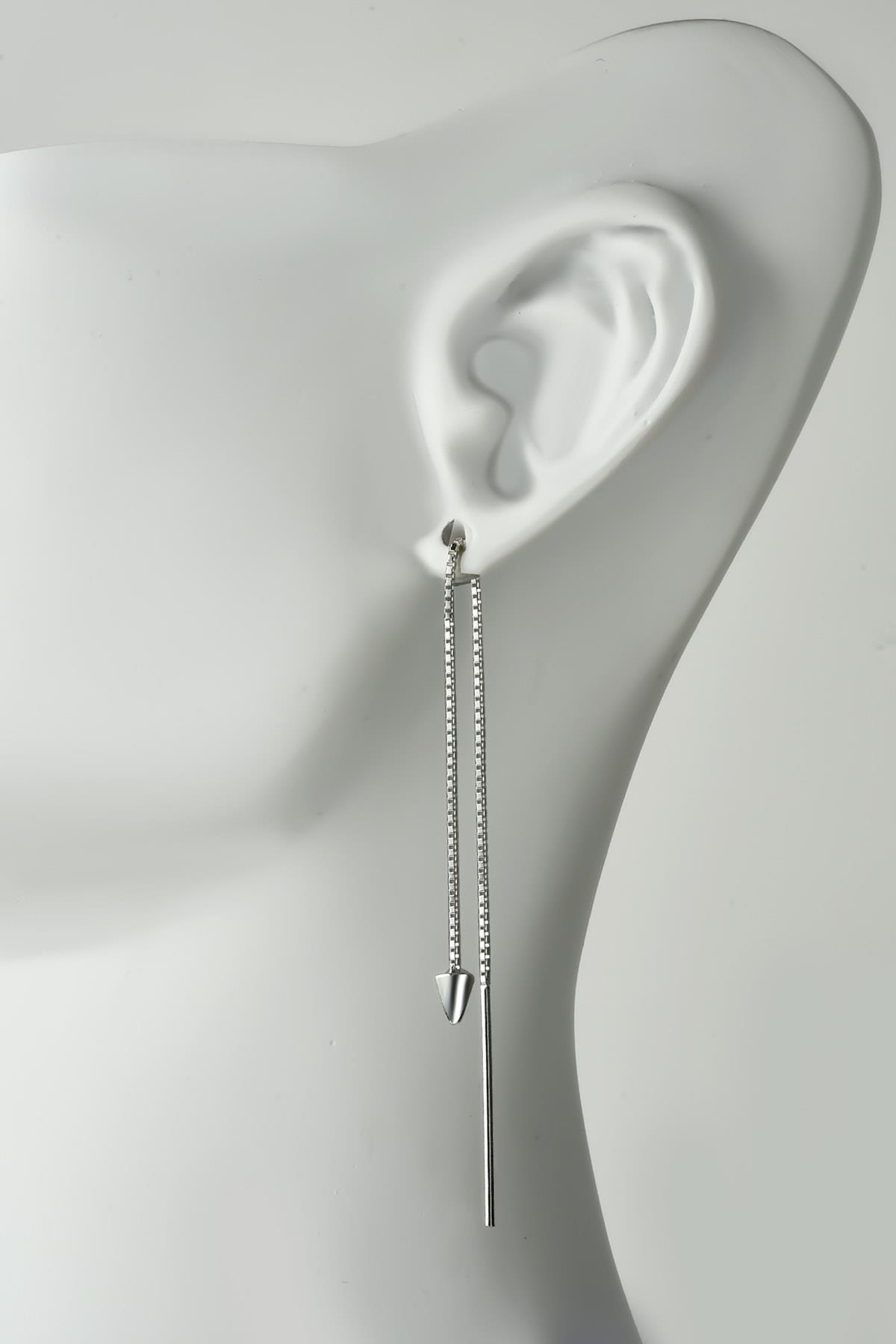Gümüş Konik Model Zirkon Taşlı Zincirli Küpe