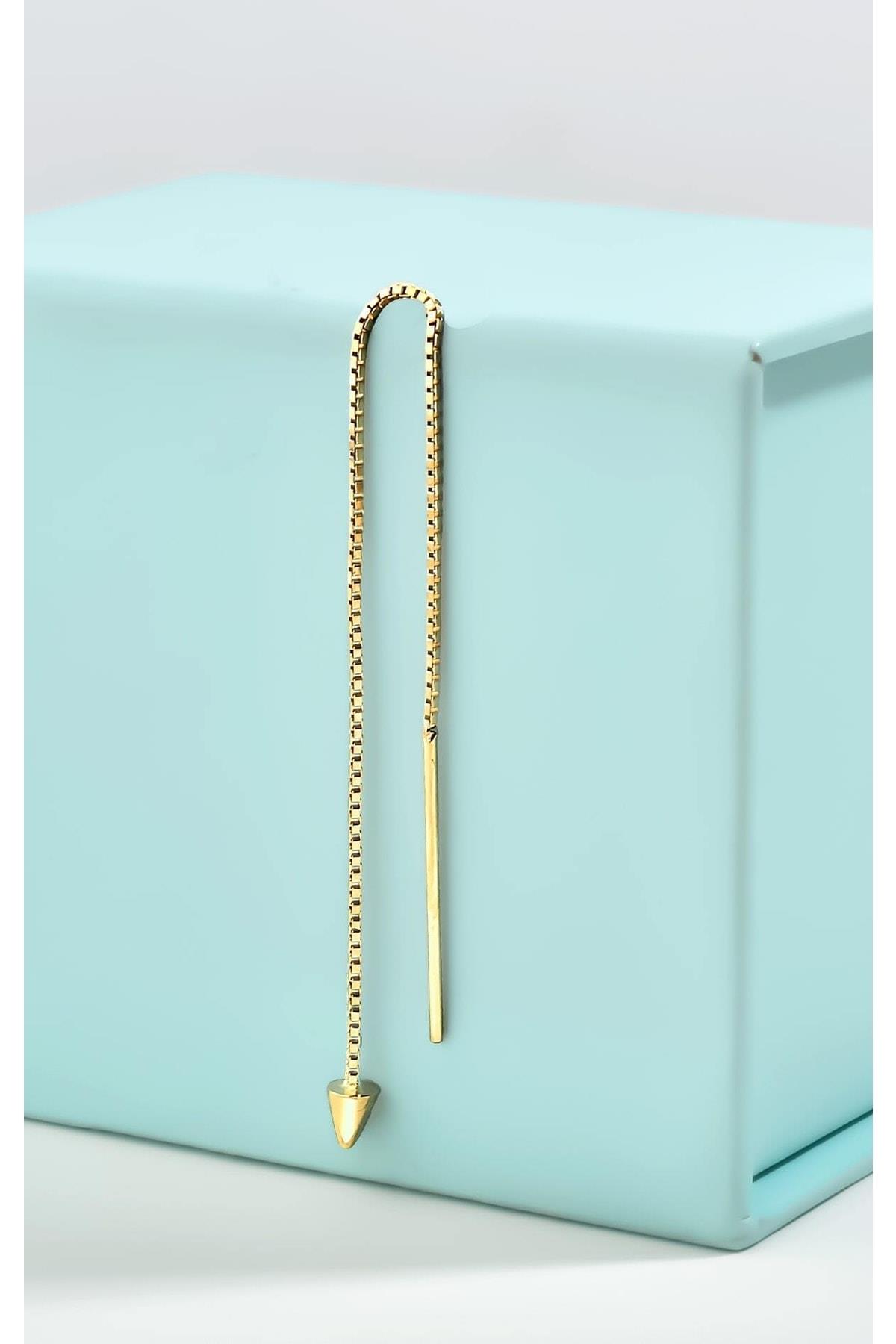Gümüş Konik Model Zirkon Taşlı Zincirli Gold Küpe