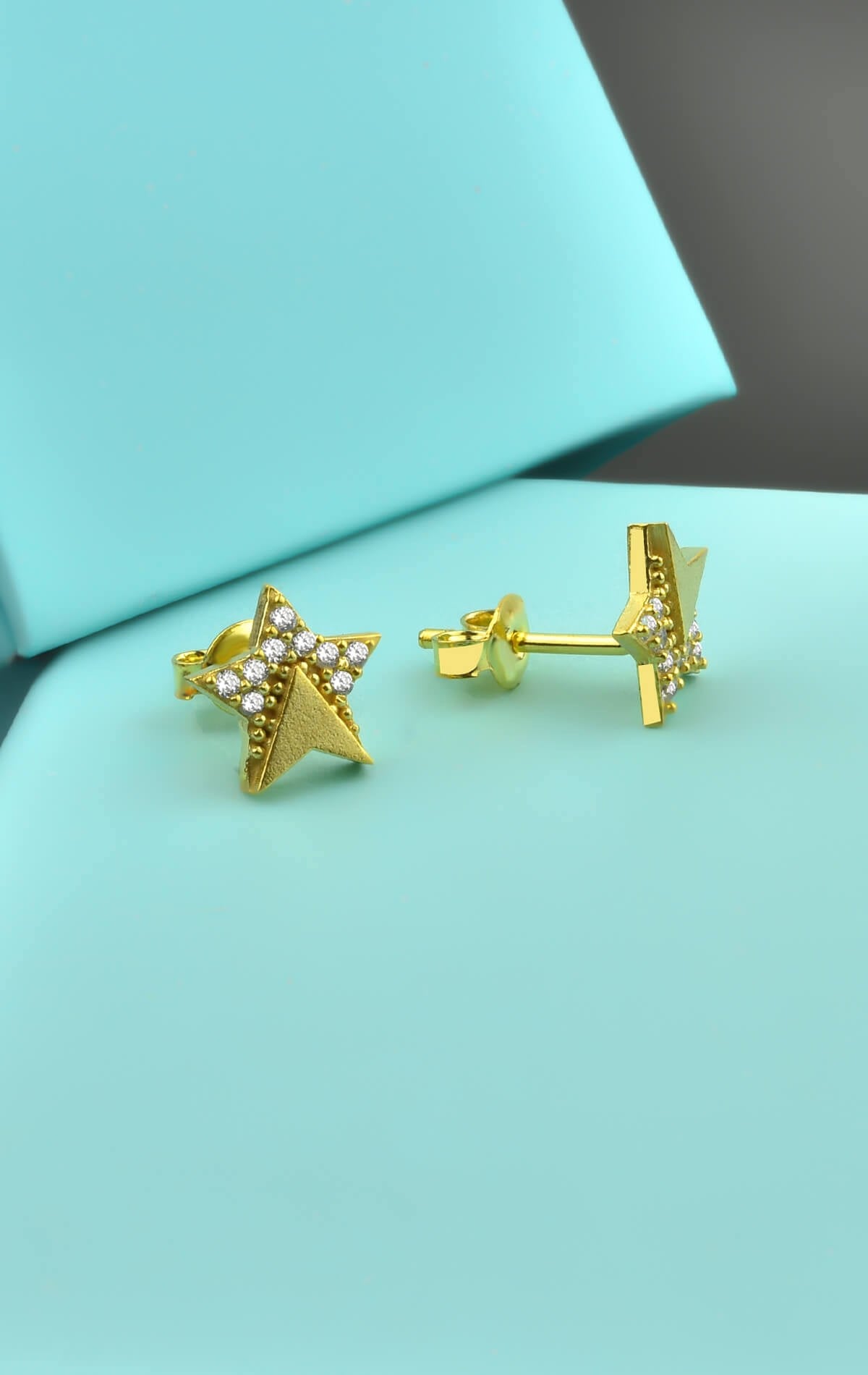 Gümüş Zirkon Taşlı Gold Renkli Kutup Yıldızı Küpe
