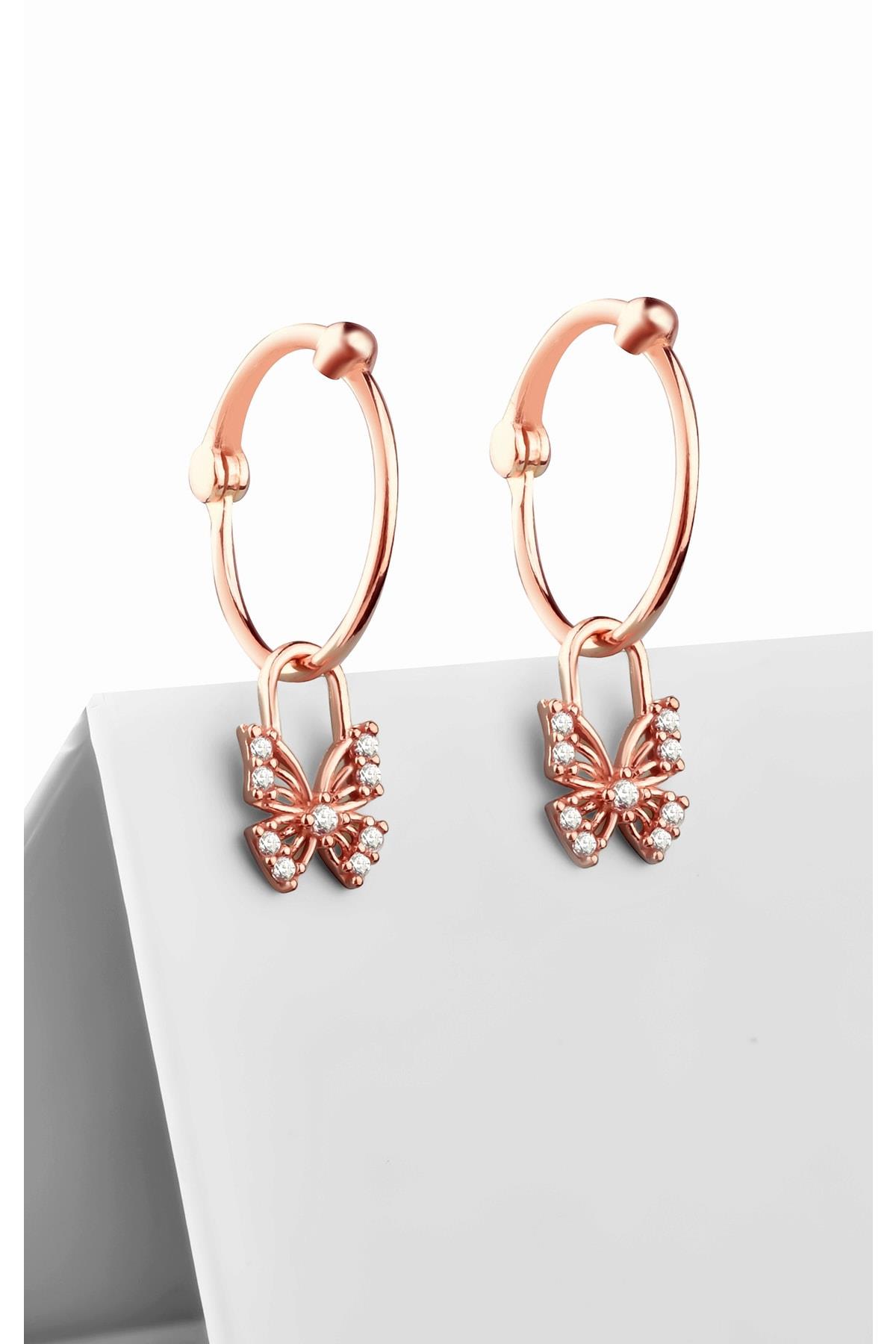 Gümüş zirkon taşlı kelebek model sallantılı rose küpe