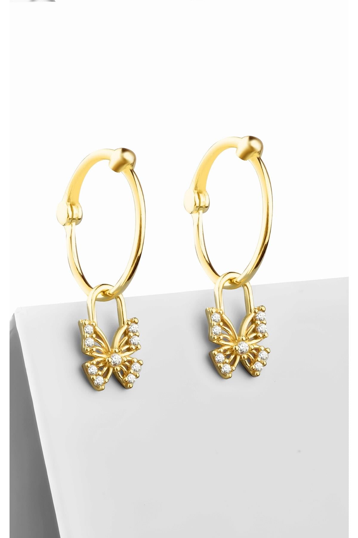 Gümüş zirkon taşlı kelebek model sallantılı gold küpe