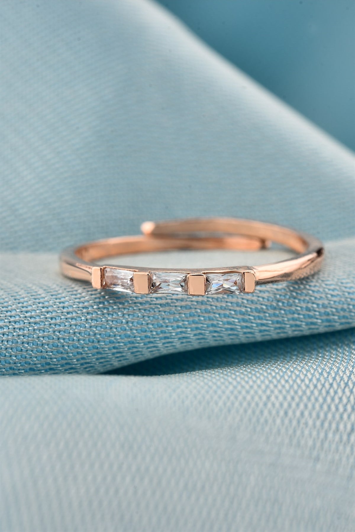Minimalist Sıralı Baget Taşlı Rose Renkli Gümüş Ayarlanabilir Yüzük