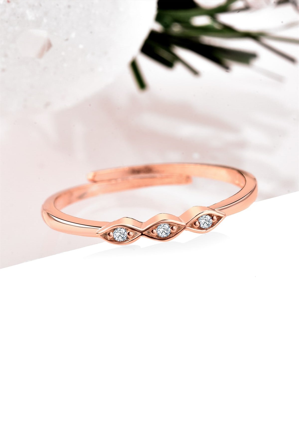 Minimalist Zirkon Sıralı Taşlı Damla Model Rose Renkli Gümüş Ayarlanabilir Yüzük