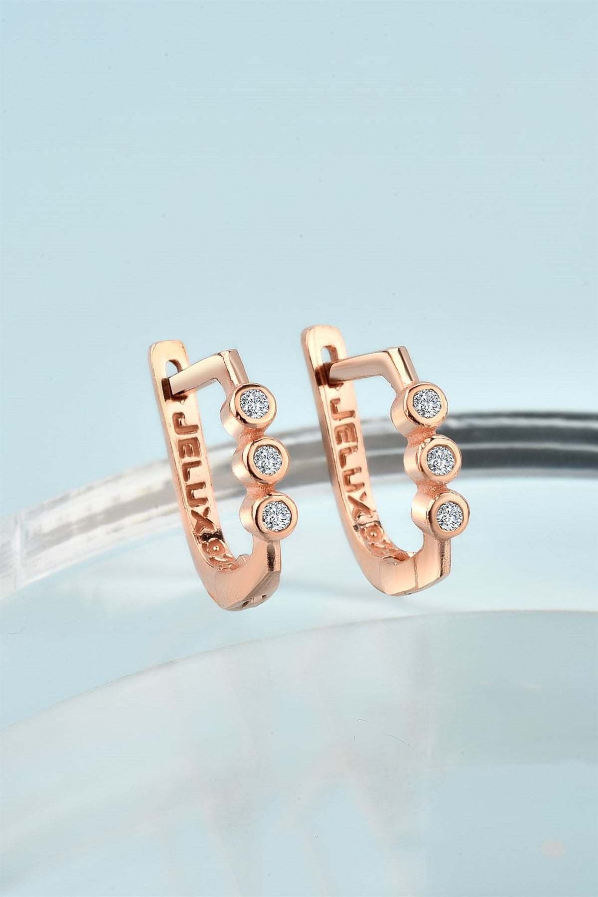 Minimalist Zirkon Sıralı Yuvarlak Taşlı Model Rose Gümüş Küpe