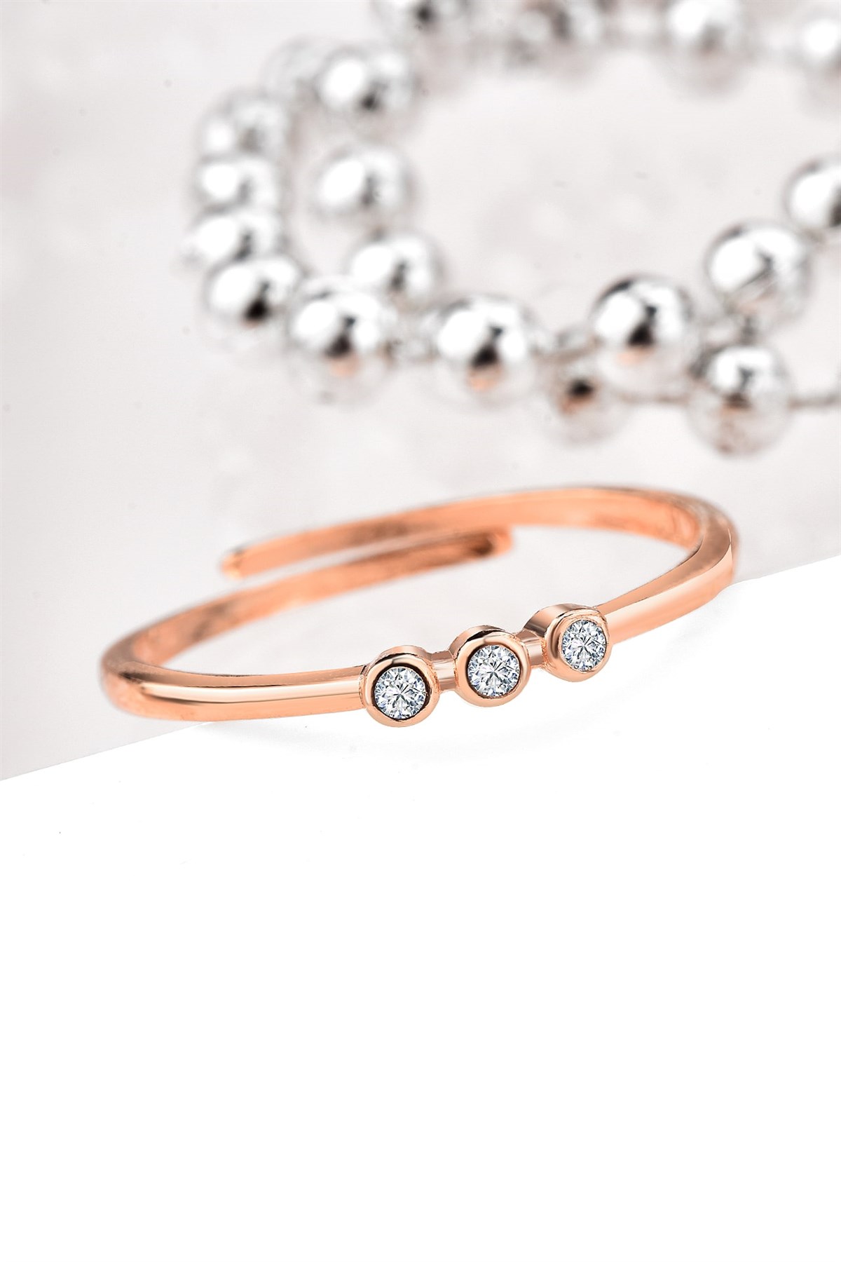 Minimalist Zirkon Sıralı Yuvarlak Taşlı Damla Model rose renkli Gümüş Ayarlanabilir Yüzük