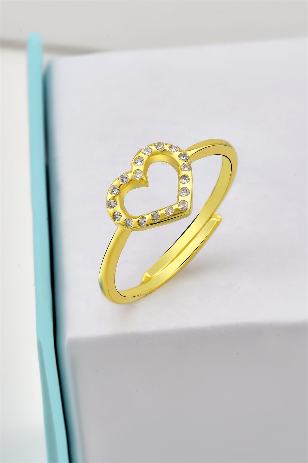 Minimalist Zirkon Taşlı Kalp Model Gold Ayarlanabilir Yüzük