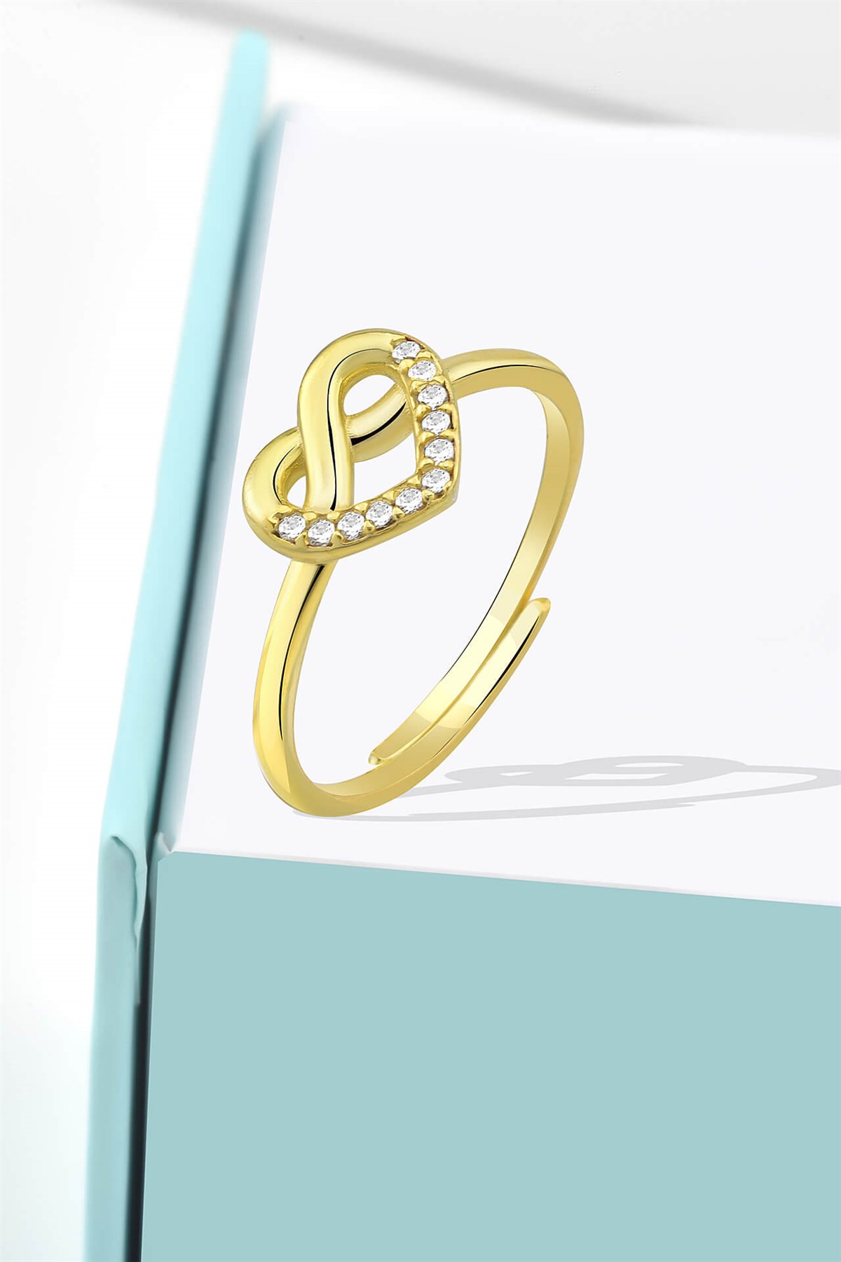 Minimalist Zirkon Taşlı Sonsuzluk Kalp Model Gold Ayarlanabilir Yüzük