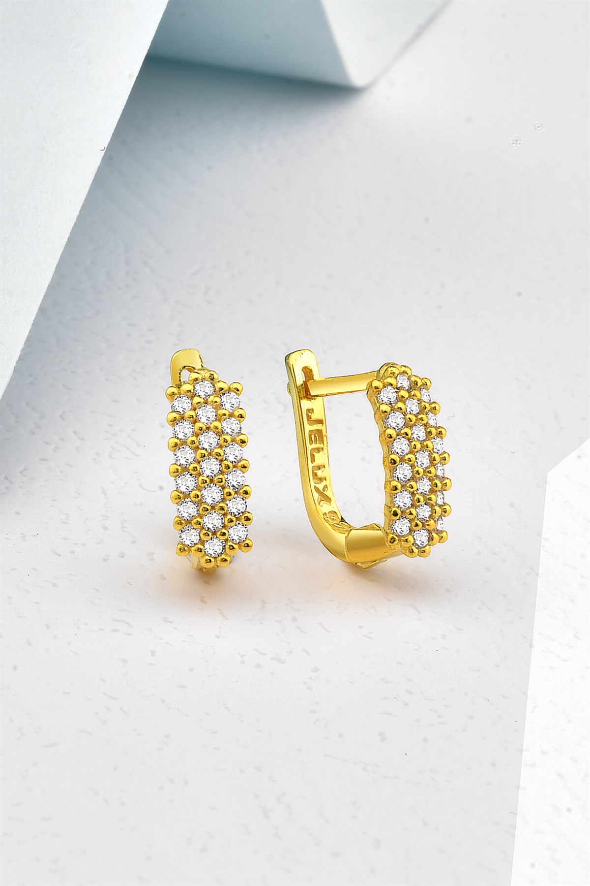 Üç Sırataş Taç Model Gold Gümüş Küpe