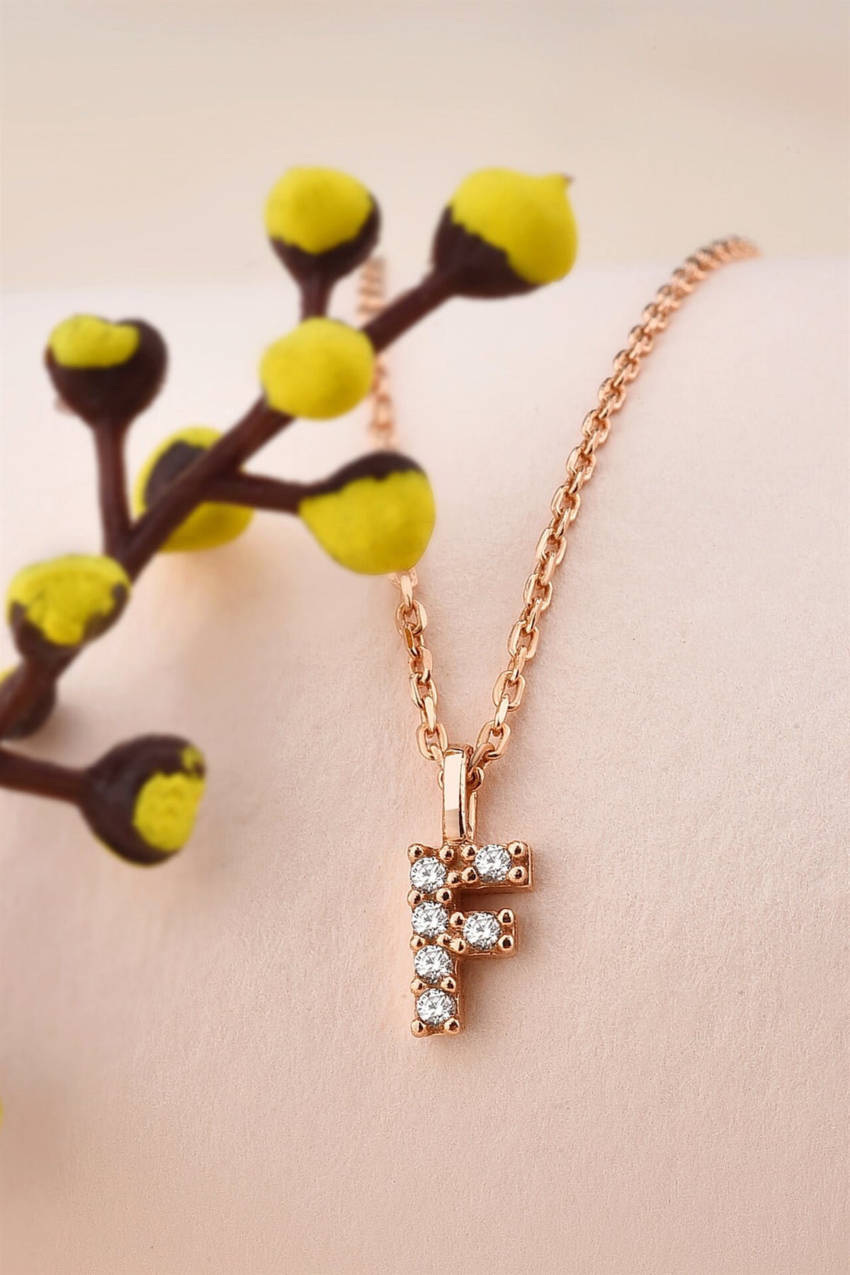 Zirkon Taşlı Rose Minimal Harf Kolye F