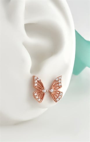 Gümüş Kelebek Model Zirlon Taşlı Rose Renkli Küpe