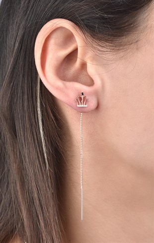 Gümüş Zirkon Taşlı Asansör Zincir Rose Renkli Taç Model Küpe 