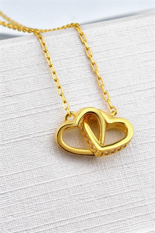Özel Tasarım Çifte Kalp Model Zirkon Taşlı Gold Renkli Gümüş Kolye