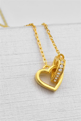 Özel Tasarım Çifte Kalp Model Zirkon Taşlı Gold Renkli Gümüş Kolye