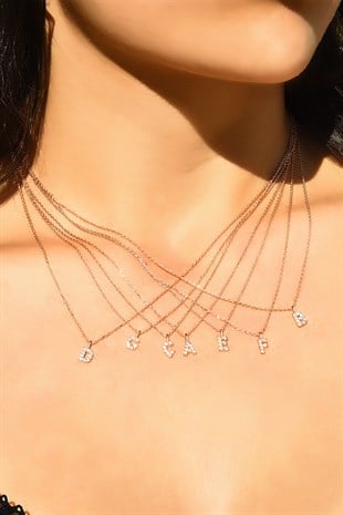 Zirkon Taşlı Rose Minimal Harf Kolye Ü