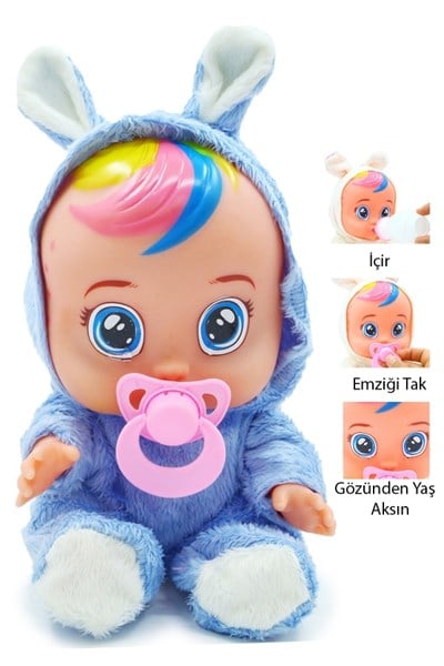 Ağlayan Et Bebek Oyuncak 20 cm – Su İçen Konuşan Bebek Oyuncağı 3+ Yaş Mavi Renk