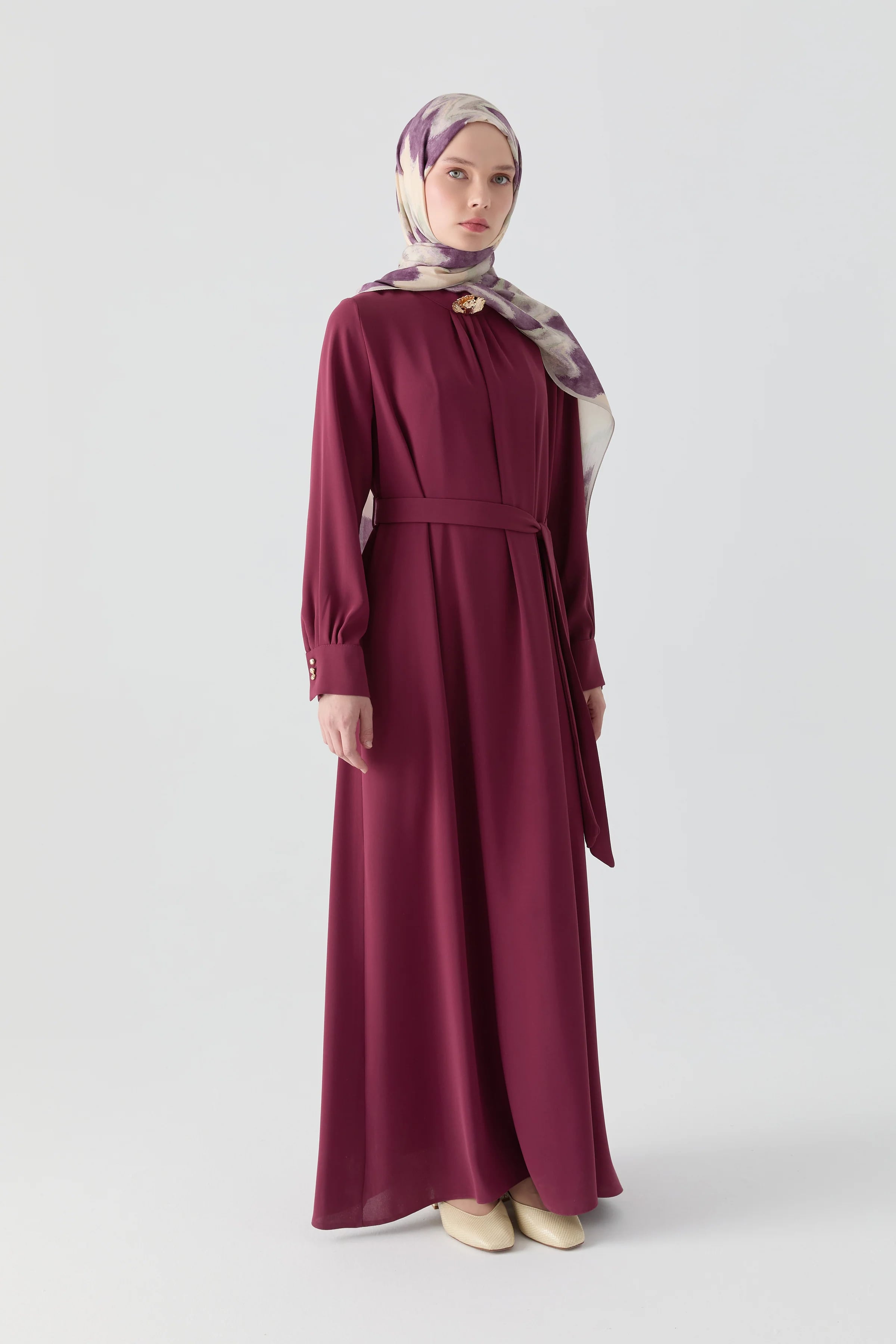 Kırma Detaylı Elbise - Mürdüm