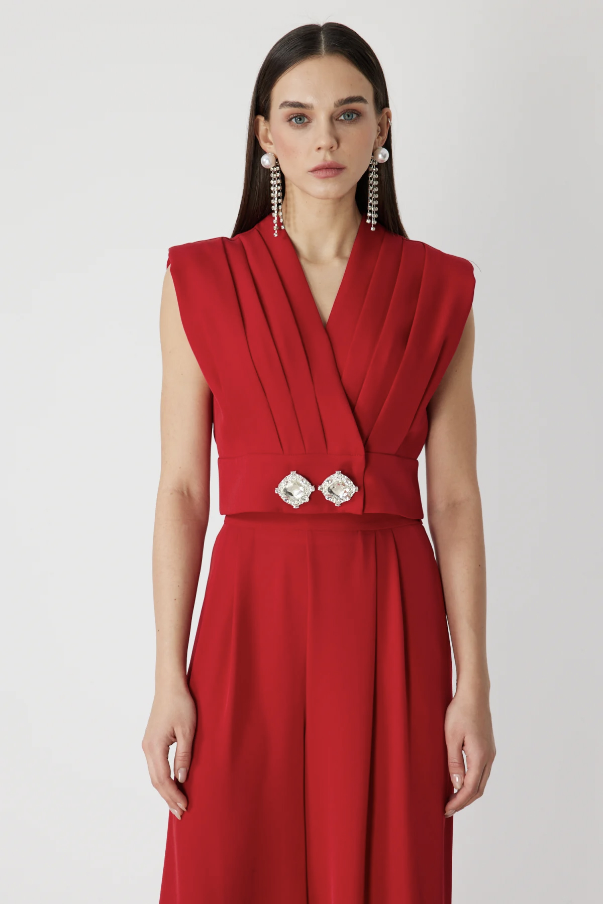 Taş Aksesuarlı Drapeli Crop Bluz - Kırmızı