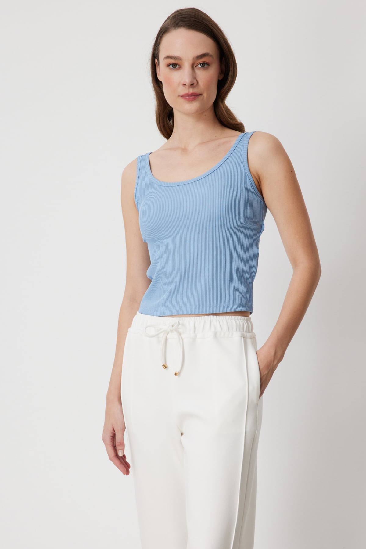 Askılı Crop Bluz - Mavi