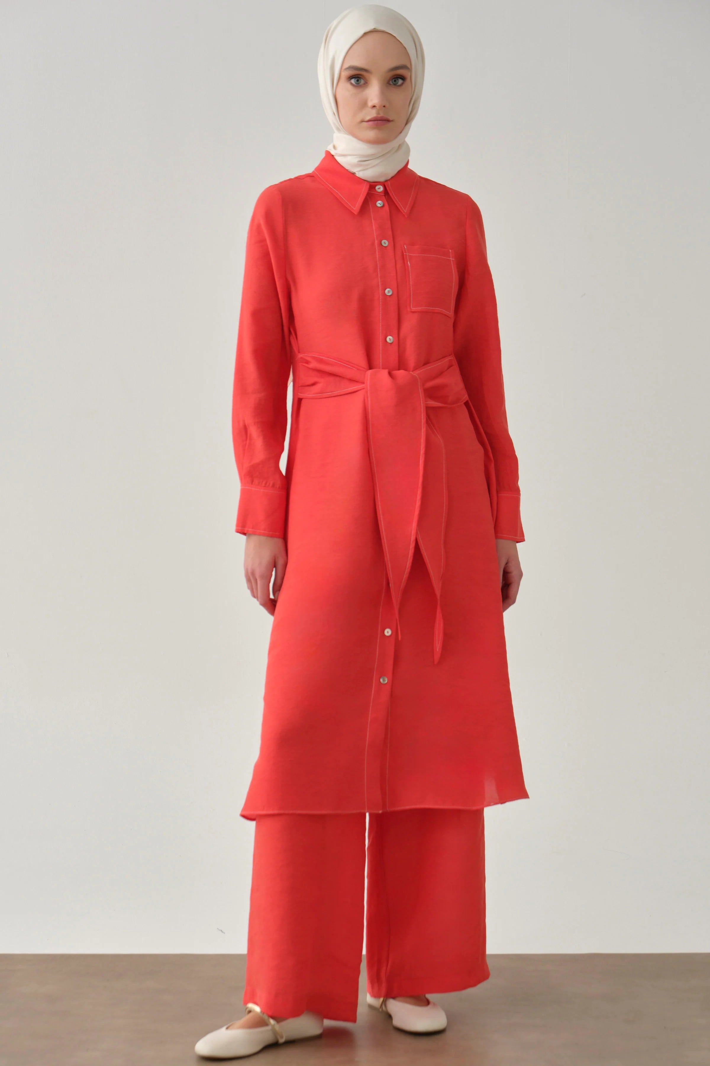Kemerli Tunik Pantolon Takım - Mercan