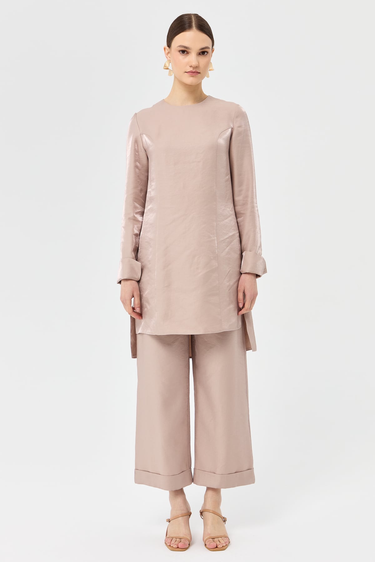 Kolları Fermuarlı Pantolon Tunik Takım - Vizon
