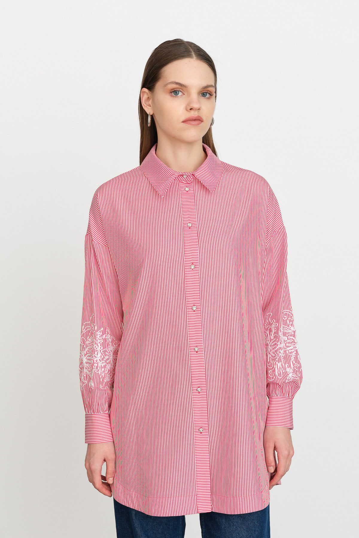 Kolu Nakışlı Çizgili Poplin Tunik - Kırmızı