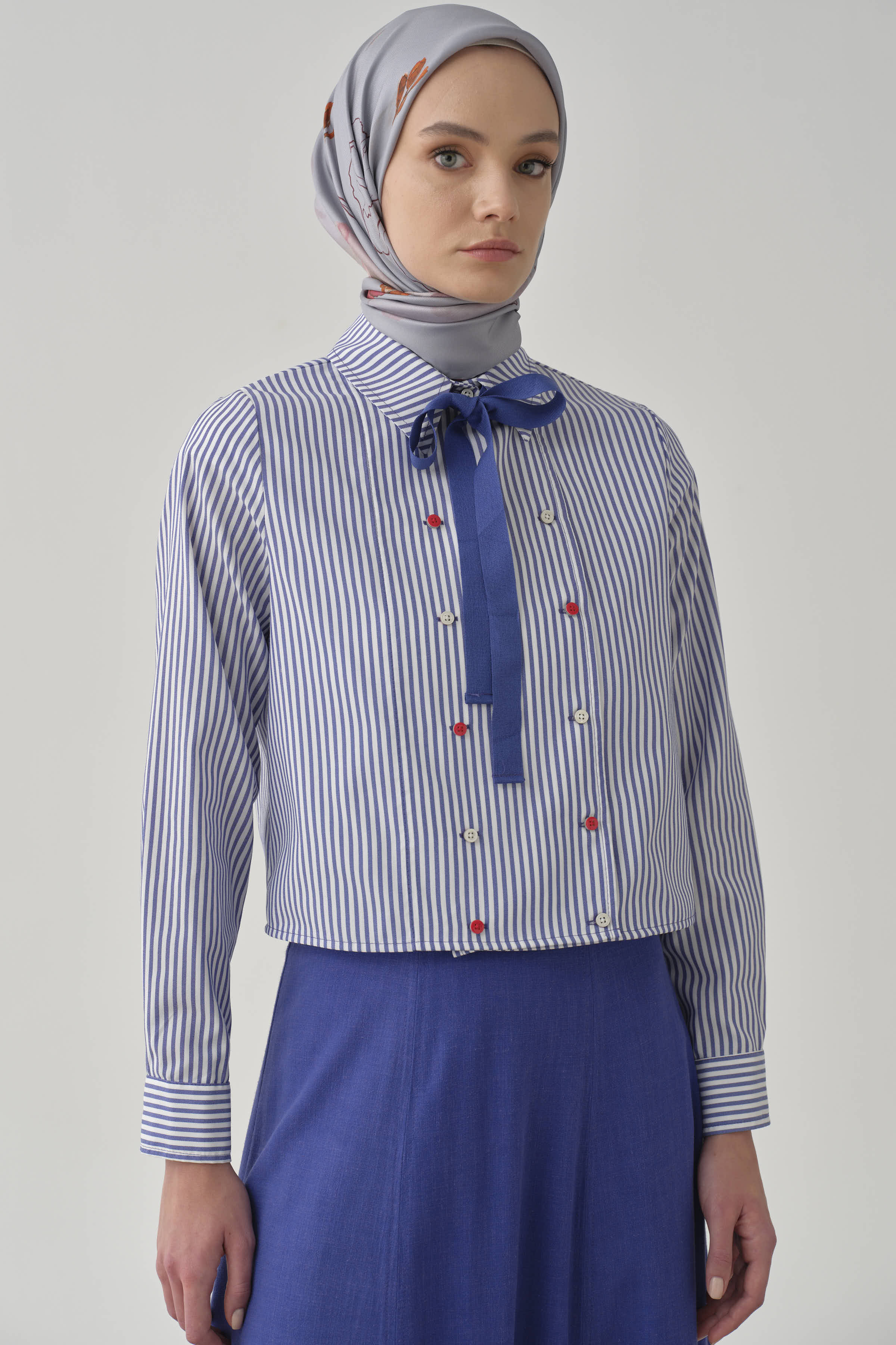 Kruvaze Çizgili Crop Gömlek - İndigo