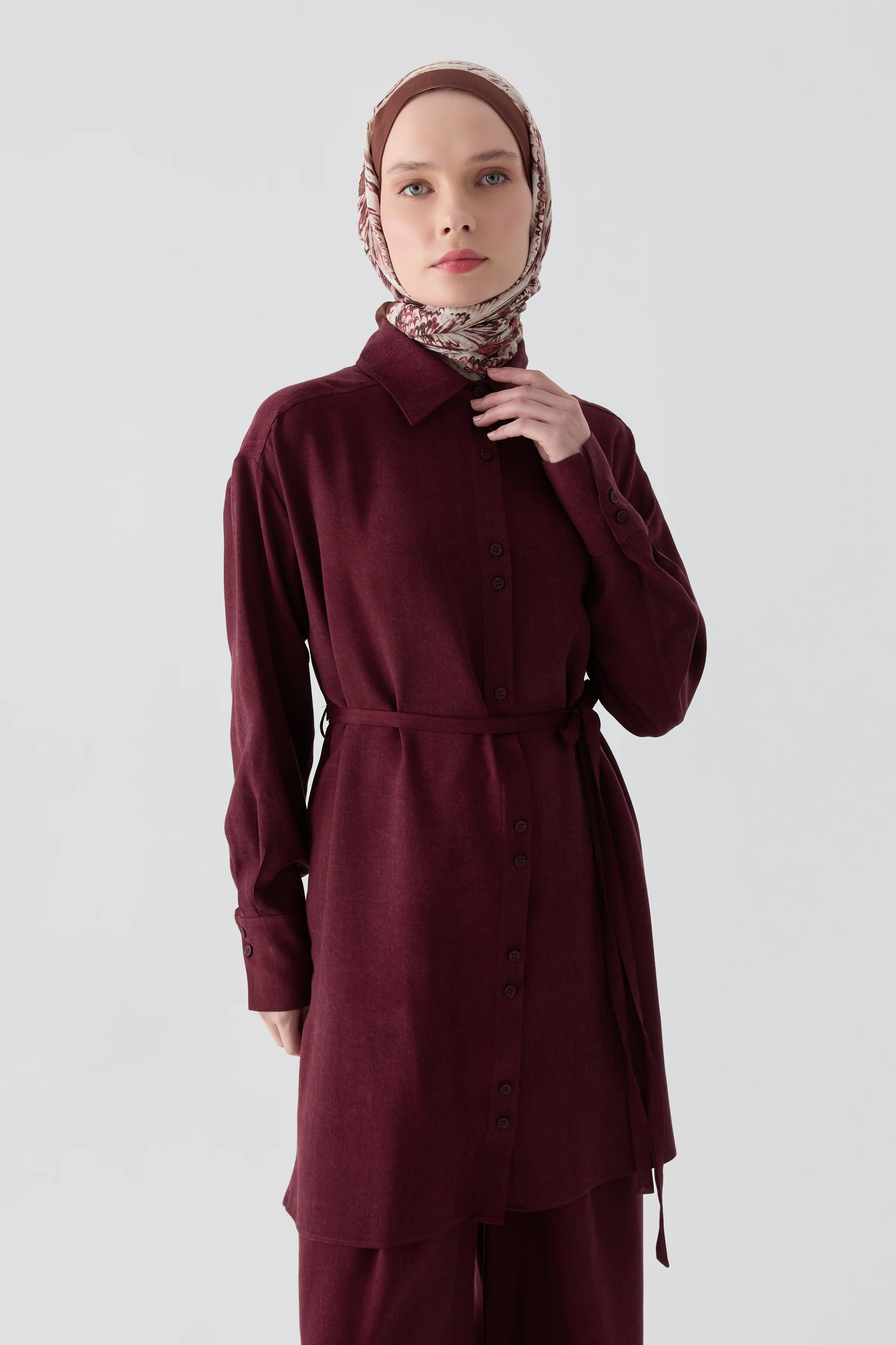 Robalı İnce Kemerli Tunik - Bordo