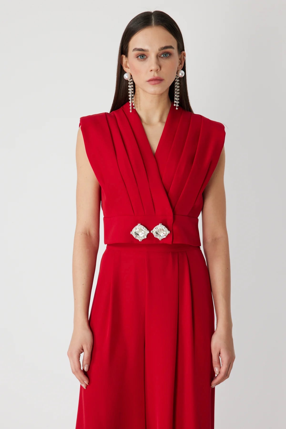 Taş Aksesuarlı Drapeli Crop Bluz - Kırmızı