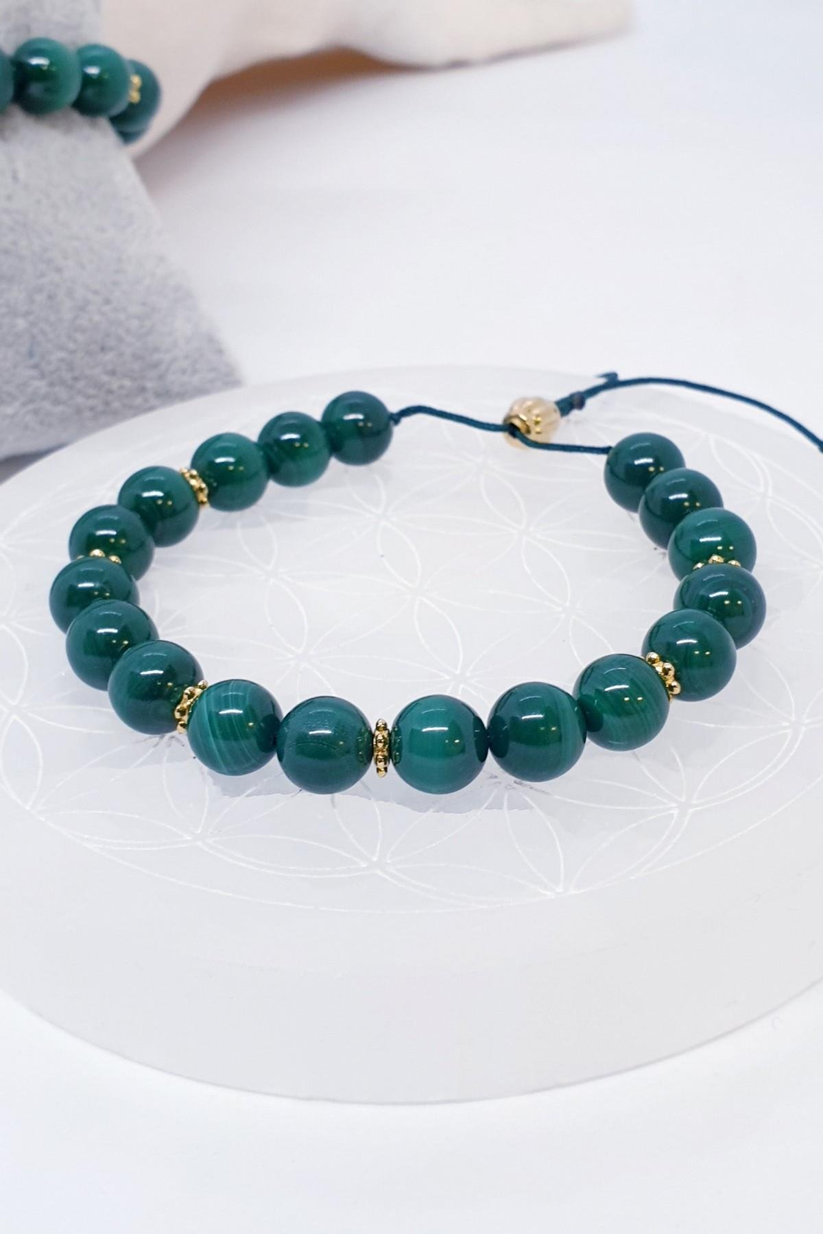 Altın Kaplamalı Aksesuarlı Malakit Doğal Taş Bileklik