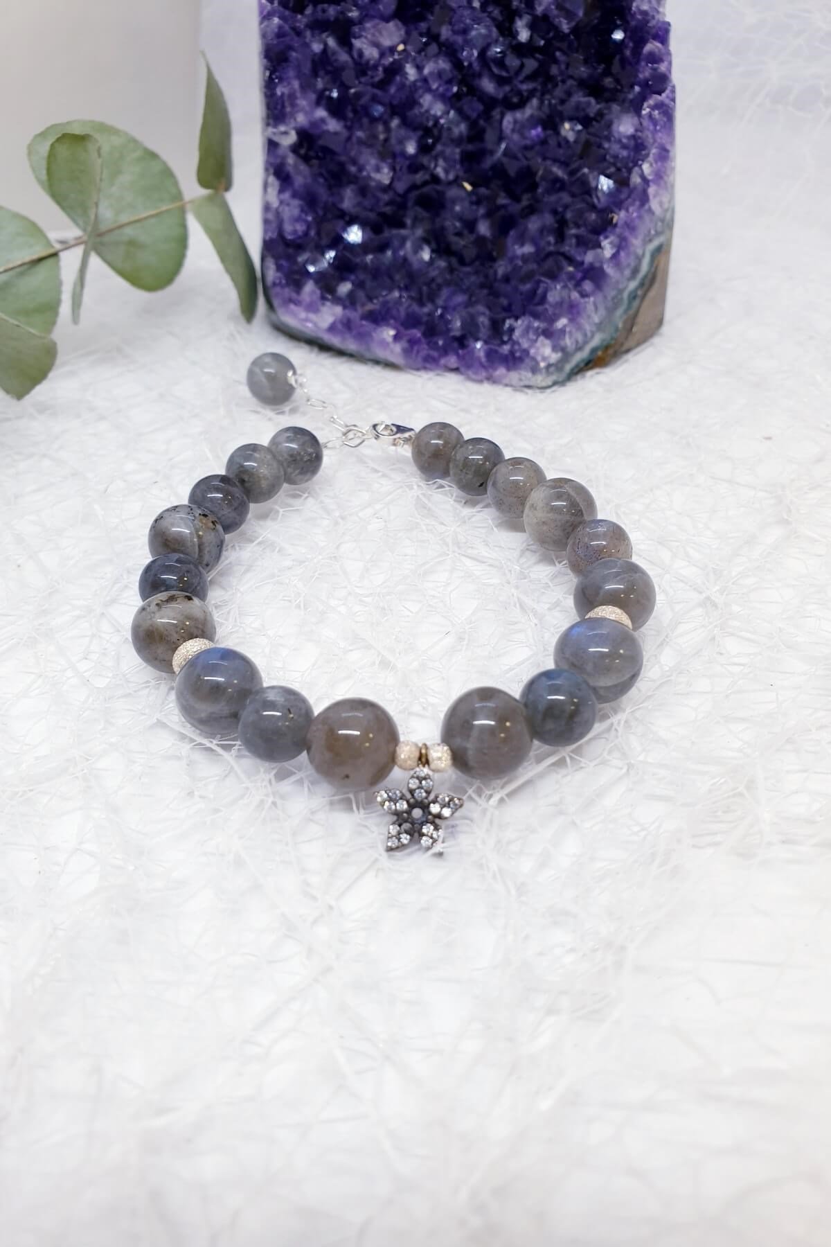 Çiçek Desenli Labradorit Doğal Taş Bileklik