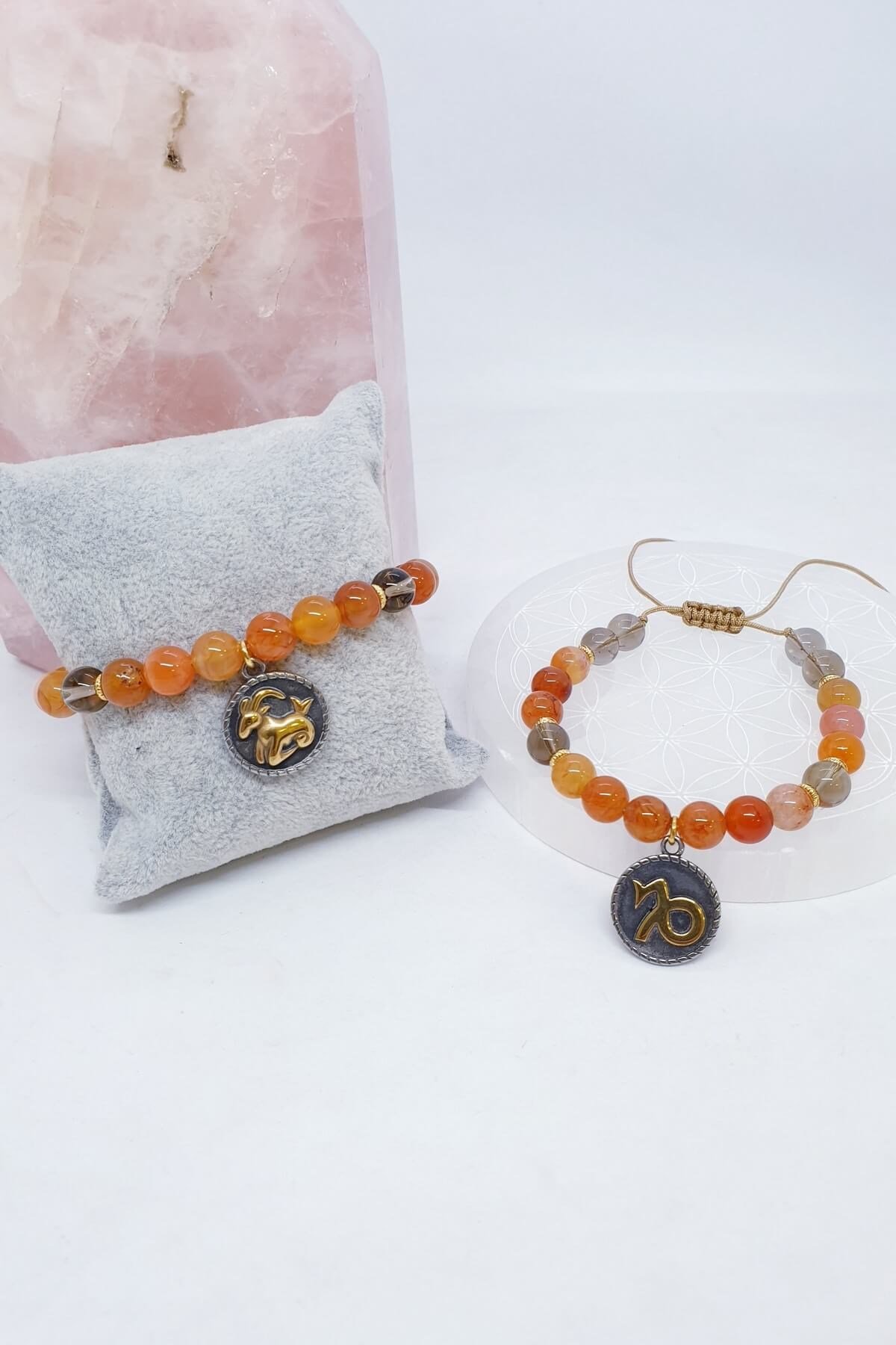 Dumanlı Kuvars ve Karnelyen Doğal taş Oğlak Burcu Bileklik